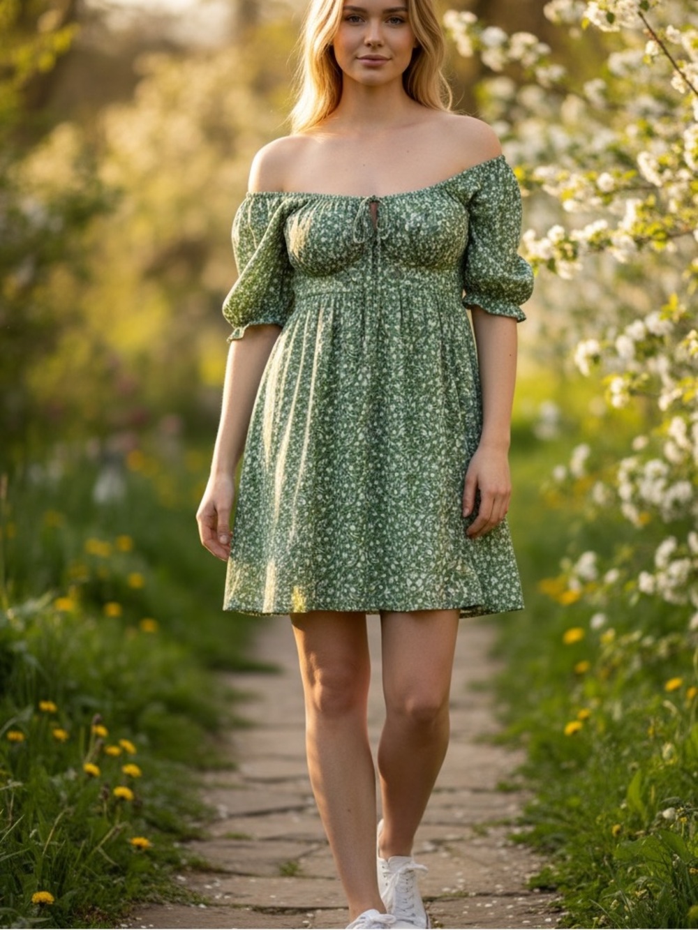 Universal Thread Green White Floral Tie-Front Casual midi Off Shoulder Dress